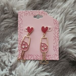 Heart and Wine Glass Pink and Gold Earrings